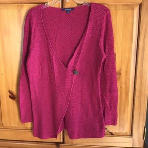 Chadwicks sweater, dark pink, size large. Asymmetrical, single button closure.